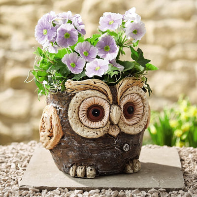 Owl Shaped Planter - Wood Effect Waterproof Resin Novelty Flower Plant Pot with 13cm Inner Diameter - H18cm x 22cm Diameter