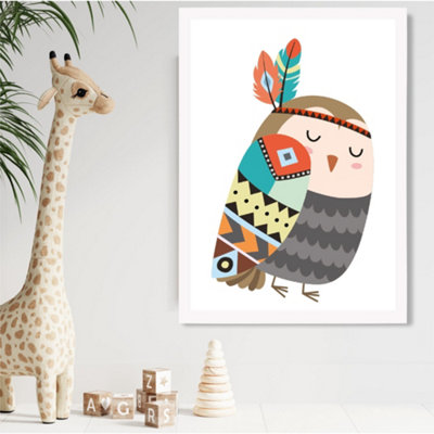 Owl Tribal Animal Framed Print SIZE: A2 with White Frame