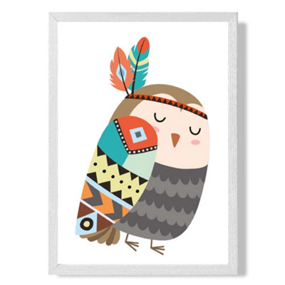 Owl Tribal Animal Framed Print SIZE: A2 with White Frame