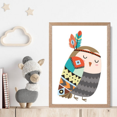 Owl Tribal Animal Framed Print SIZE: A4 with Oak Frame