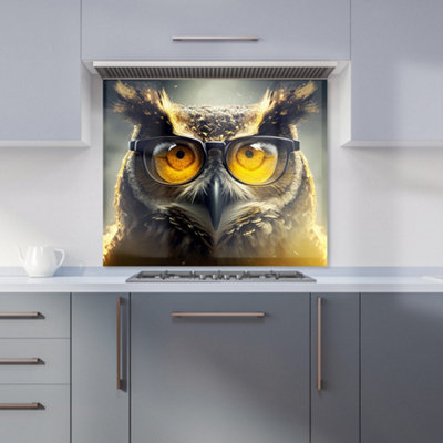 Owl With Glasses Splashart Premium Glass Kitchen Splashback W600mm x H600mm