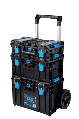 Ox Tooltrek 3 Piece Modular Deep Tool Box + Trolley Wheels + Shallow Box Set Up