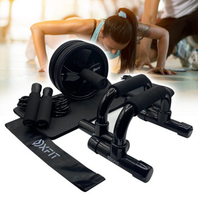Oxfit 4in1 Home Gym Equipment Kit Ab Roller Push Up Bars Jump Rope Bands Workout Set DIY at B Q