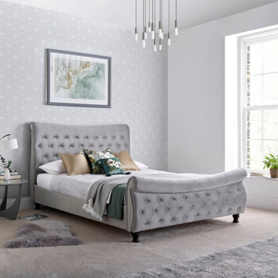 Oxford Grey Velvet Chesterfield Sleigh Bed King Size