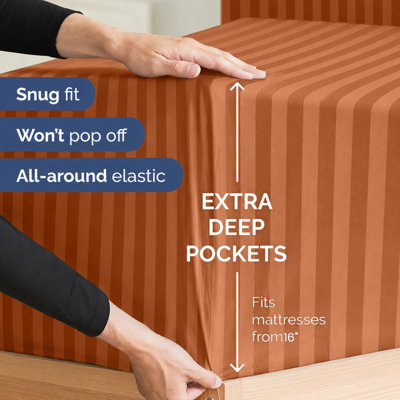 Oxford Homeware Rust Satin Stripe Fitted Sheet 40cm Extra Deep Pocket ...