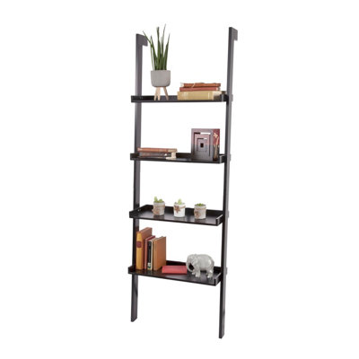Oxford Wide Wooden 4 Tier Ladder Shelf, BLACK Leaning Bookcase DIY at B&Q