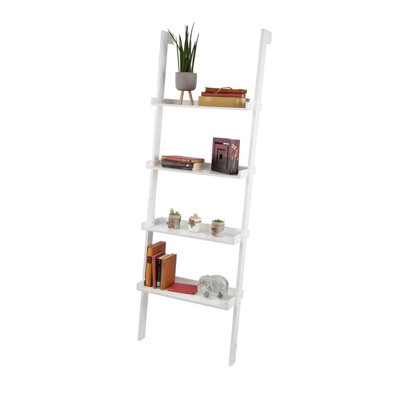 Oxford Wide Wooden 4 Tier Ladder Shelf, WHITE Leaning Bookcase