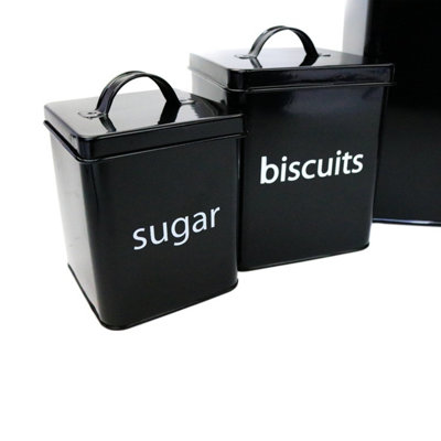 Oypla 5 Piece Black Kitchen Canister Storage Tin Set Bread Biscuits Tea Sugar Coffee