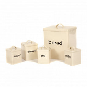 Oypla 5 Piece Cream Kitchen Canister Storage Tin Set Bread Biscuits Tea Sugar Coffee