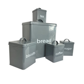Oypla 5 Piece Grey Kitchen Canister Storage Tin Set Bread Biscuits Tea Sugar Coffee