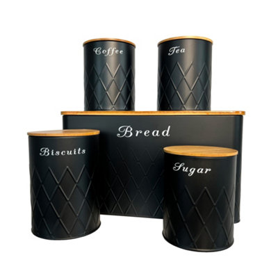 Oypla 5pc Black Bamboo Lid Kitchen Canister Storage Tin Set Bread Biscuits Tea Sugar Coffee