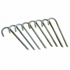 Oypla 8x Super Heavy Duty Galvanised Steel J Hooks Ground Stakes Rebar Tent Pegs Garden Pins Anchors - 12 Inch
