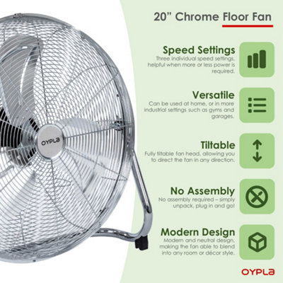 Oypla Electrical 20" Inch 50cm Chrome 3 Speed Floor Standing Gym Fan Hydroponic