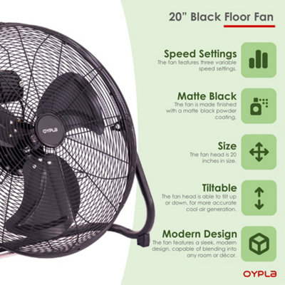 Oypla Electrical 20" Inch Black 3 Speed Floor Standing Gym Fan Hydroponic