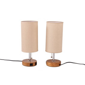 Oypla Pack of 2 Dual USB Charging Bedside Nightstand Table Lamps with Linen Fabric Lampshades - Includes Bulbs