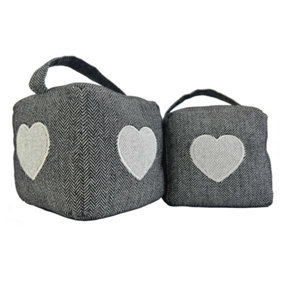 Oypla Pack of 2 Heart Pattern Herringbone Fabric Heavy Weighted Cube Door Stops Stoppers with Handle