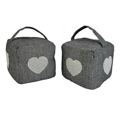 Oypla Pack of 2 Heart Pattern Herringbone Fabric Heavy Weighted Cube Door Stops Stoppers with Handle