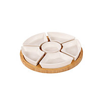 Oypla Rotating Bamboo Lazy Susan Snack Bowl Serving Platter with Ceramic Dishes