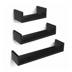 Oypla Set of 3 Black U-Shaped Floating Wooden MDF Wall Shelves DIY Home Storage