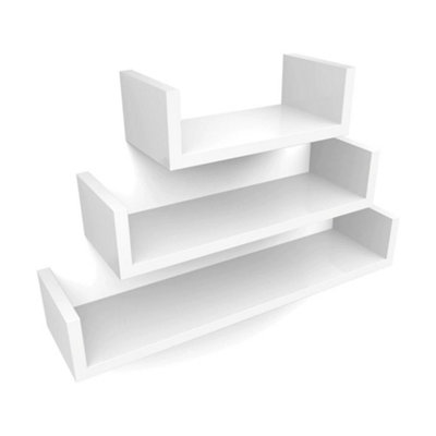 Oypla Set of 3 White U-Shaped Floating Wooden MDF Wall Shelves DIY Home ...