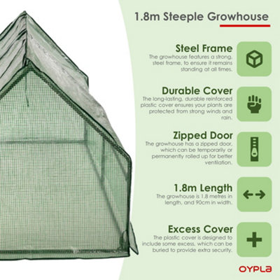 Oypla Steeple Growhouse Garden Plant Greenhouse with Plastic Mesh Cover - 180x90x90cm
