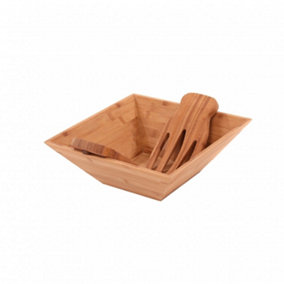 Oypla Wooden Bamboo Salad Pasta Mixing Bowl with Serving Tongs