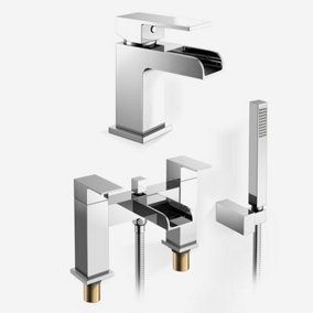 Ozone Modern Chrome Waterfall Set Of Bath Mixer Tap With Pencil Handset And Basin Mixer Tap + Waste
