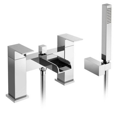 Ozone Modern Chrome Waterfall Set Of Bath Mixer Tap With Pencil Handset And Basin Mixer Tap + Waste