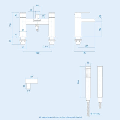 Ozone Modern Chrome Waterfall Set Of Bath Mixer Tap With Pencil Handset And Basin Mixer Tap + Waste - 6