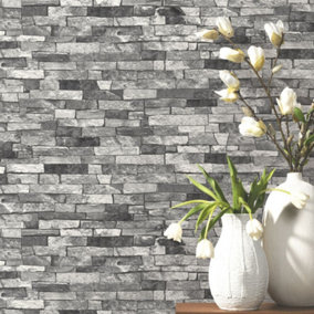 P&S Textured Brick Effect Wallpaper Charcoal Grey Black Shading Wallpaper