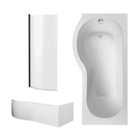 P Shape Shower Bath Bundle with Left Hand Tub, Screen & Front Panel - 1700mm - White/Black - Balterley
