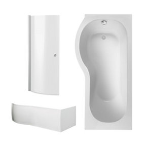 P Shape Shower Bath Bundle with Left Hand Tub, Screen with Knob & Front Panel - 1700mm - White/Chrome - Balterley
