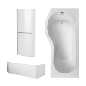 P Shape Shower Bath Bundle with Left Hand Tub, Screen with Towel Rail & Front Panel - 1700mm - White/Chrome - Balterley
