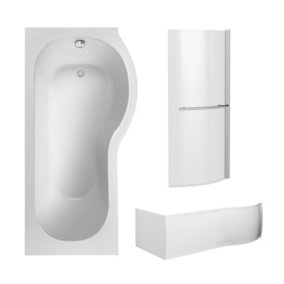 P Shape Shower Bath Bundle with Right Hand Tub, Screen with Towel Rail & Front Panel - 1700mm - White/Chrome - Balterley