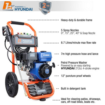 P1 Petrol Pressure Washer 3000psi / 207 bar Hyundai 212cc Engine