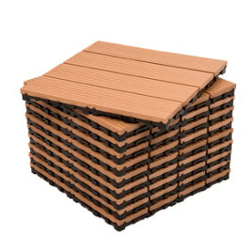 Pack of 10 - DEKCO Composite Wood Plastic Teak Decking Interlocking Tiles with Woodgrain Effect 30cm x 30cm