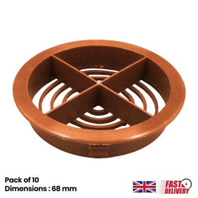 Pack of 10 Golden Oak, Tan Plastic 68mm Round Soffit Air Vents, Eave Circular Mesh Air Vents