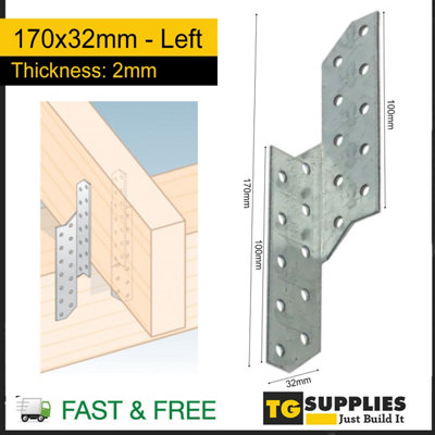 Pack of 10 - Heavy 2mm Duty Galvanised Left Truss Clip - Truss Connector - Rafter Connector Bracket - Angle Bracket 170x32mm