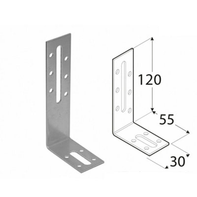 Pack of 10 Heavy Duty Adjustable 2mm Galvanised Angle Brackets 120x55x30mm