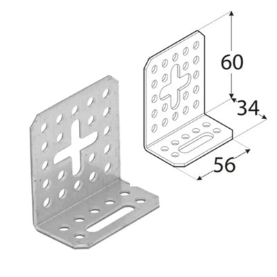 Pack of 10 Heavy Duty Adjustable 2mm Galvanised Angle Brackets 60x34x56mm