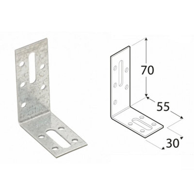 Pack of 10 Heavy Duty Adjustable 2mm Galvanised Angle Brackets 70x55x30mm