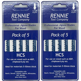 Pack Of 10 Rennie Tools - Straight and Fast Cuts Jigsaw Blades For Wood Compatible With Bosch Dewalt Makita Milwaukee And More