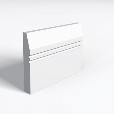 Pack of 10 (Total 10 Units) - MR MDF Primed Splay & 2 Drip Groove Skirting Board & Rebate - 25mm (T) x 94mm (H) x 4200mm (L)