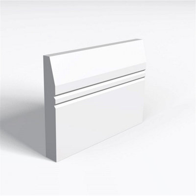 Pack of 10 (Total 10 Units) - MR MDF Primed Splay & 2 V Grooves Skirting Board & Rebate - 15mm (T) x 69mm (H) x 3050mm (L)