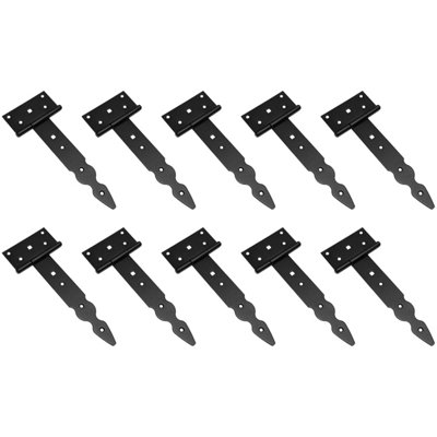 Pack of 10 x 200 mm T-Hinge Black, Steel Tee Hinges, Weather Resistant, Rust Proof Powder Coating, T Strap Hinges