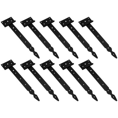 Pack of 10 x 300 mm T-Hinge Black, Steel Tee Hinges, Weather Resistant, Rust Proof Powder Coating, T Strap Hinges