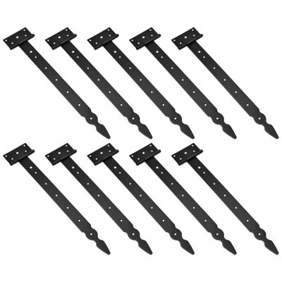 Pack of 10 x 400 mm T-Hinge Black, Steel Tee Hinges, Weather Resistant, Rust Proof Powder Coating, T Strap Hinges