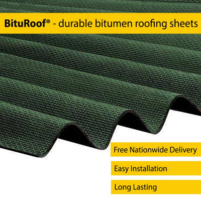 Pack of 100 - BituRoof - Durable Green Corrugated Bitumen Roofing Sheets - 2000x950mm