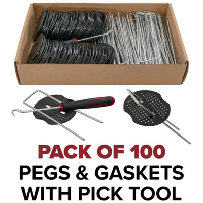 Pack of 100 weed matting hold down pegs with 100 buffer plates+removal tool - 7