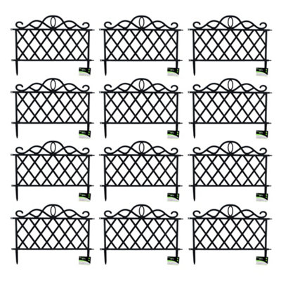 Pack of 12 27cm Black Plastic Garden Patio Lawn Border Fence Edging